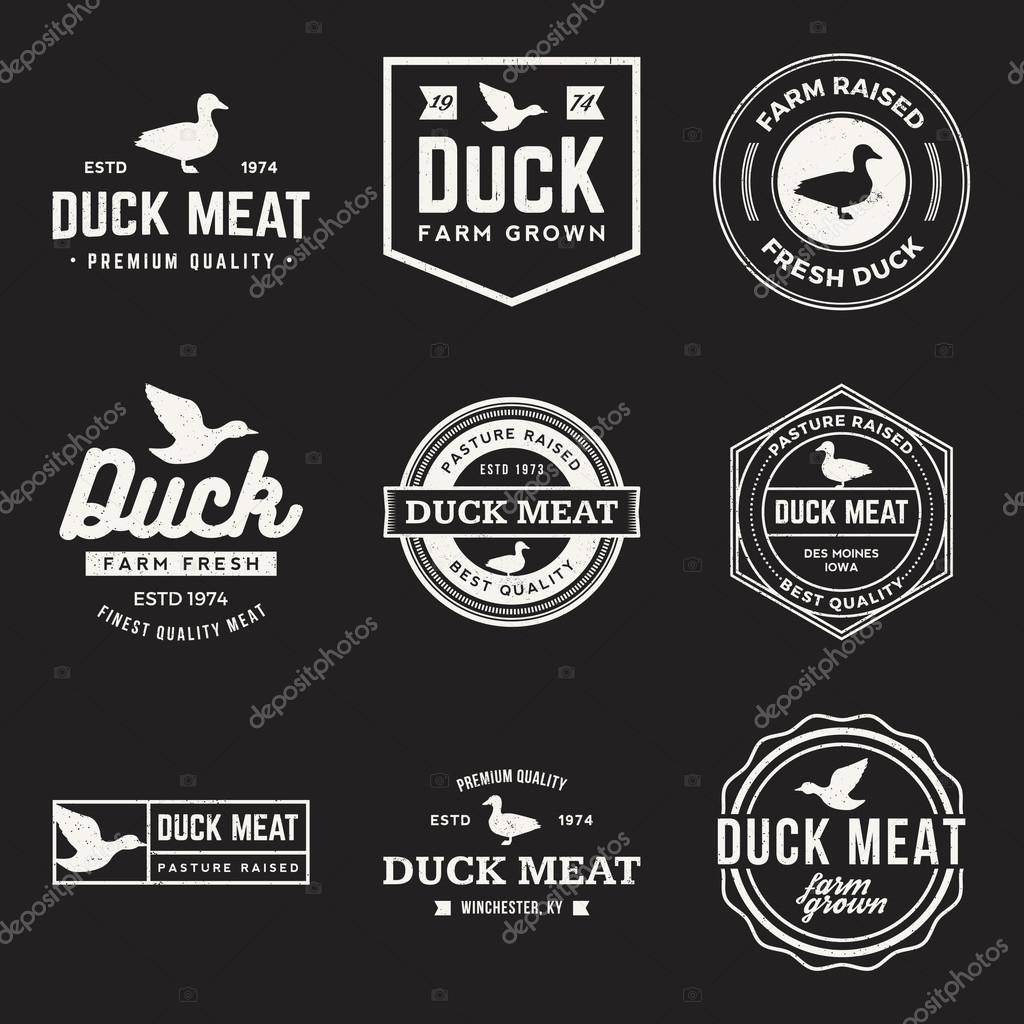 Vector set of premium duck meat labels, badges and design elements with grunge textures