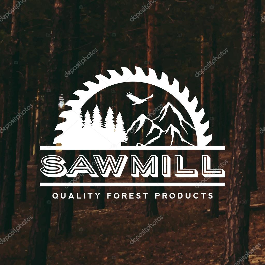 Sawmill label on forest background, vector illustration