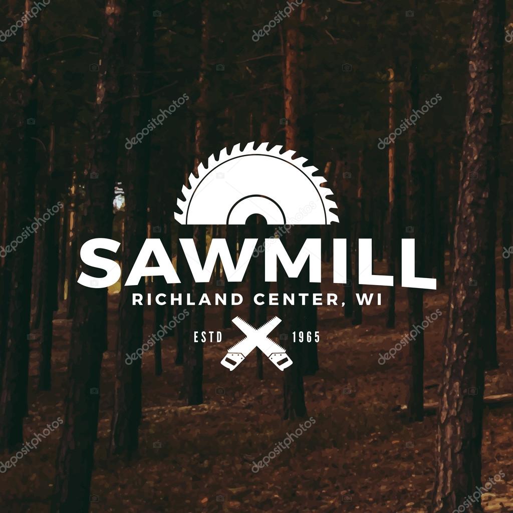 Sawmill label on forest background, vector illustration