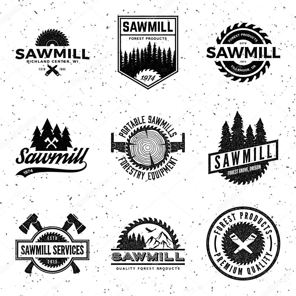Vector set of sawmill labels, badges and design elements with vintage letterpress print effect