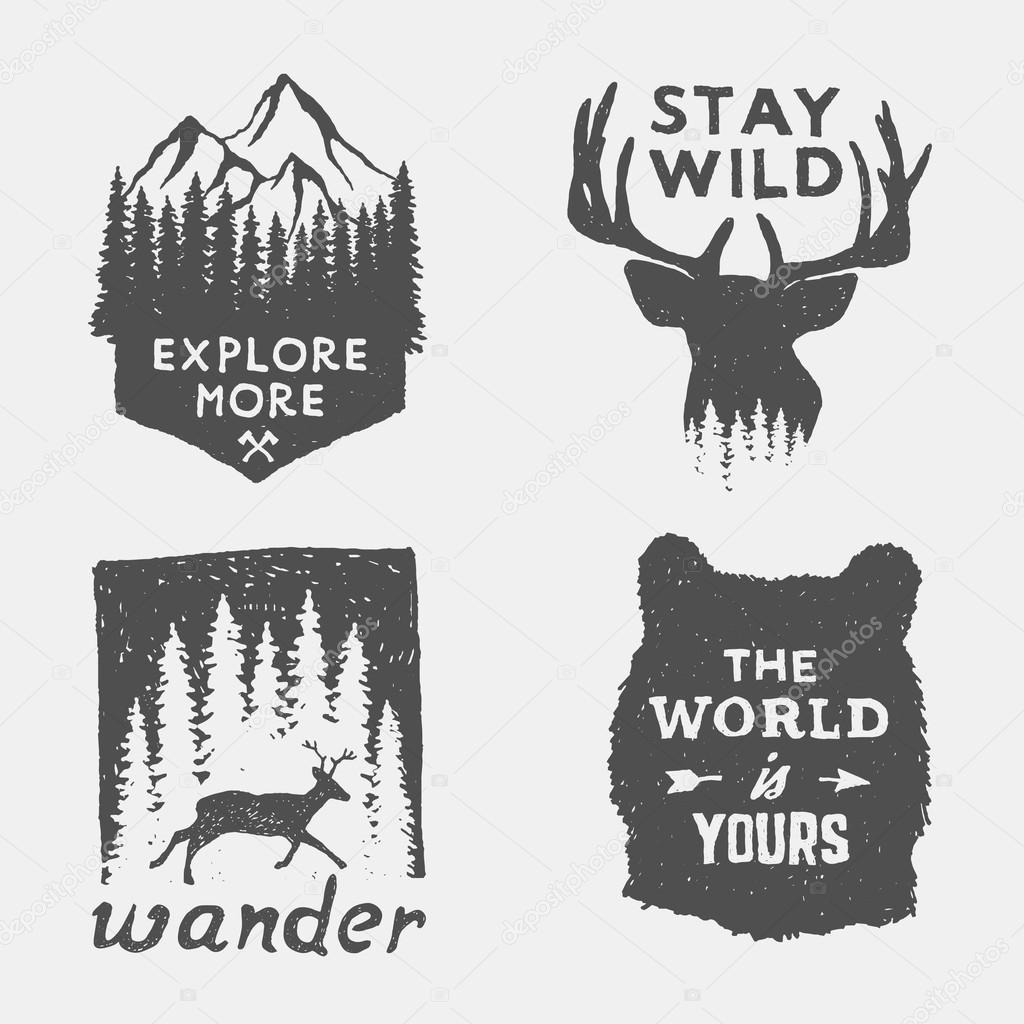 Set of wilderness hand drawn typography posters, emblems and quotes. artworks for hipster wear. vector Inspirational illustration