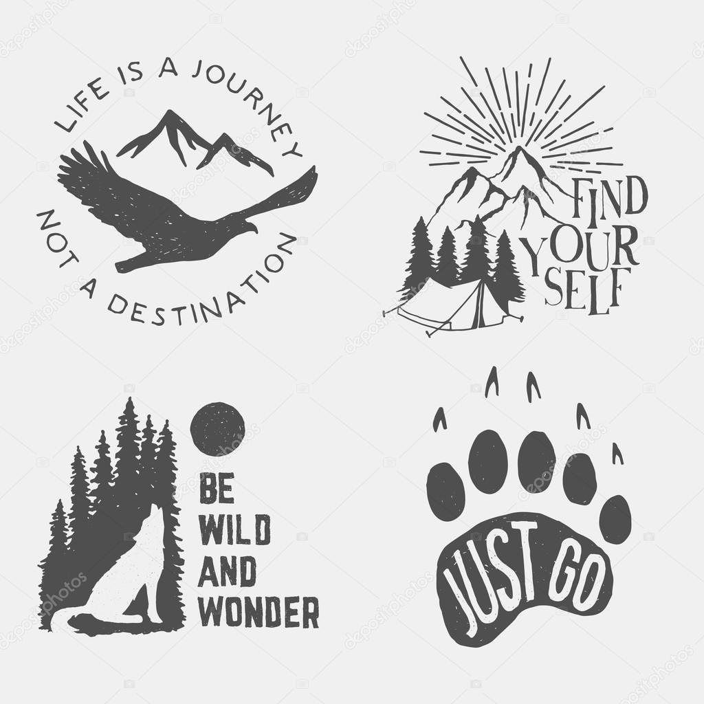 Set of wilderness hand drawn typography posters, emblems and quotes. artworks for hipster wear. vector Inspirational illustration