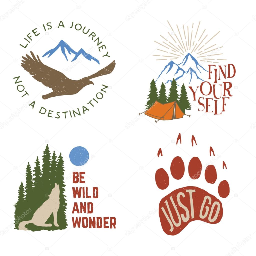 Set of wilderness hand drawn typography posters, emblems and quotes. artworks for hipster wear. vector Inspirational illustration