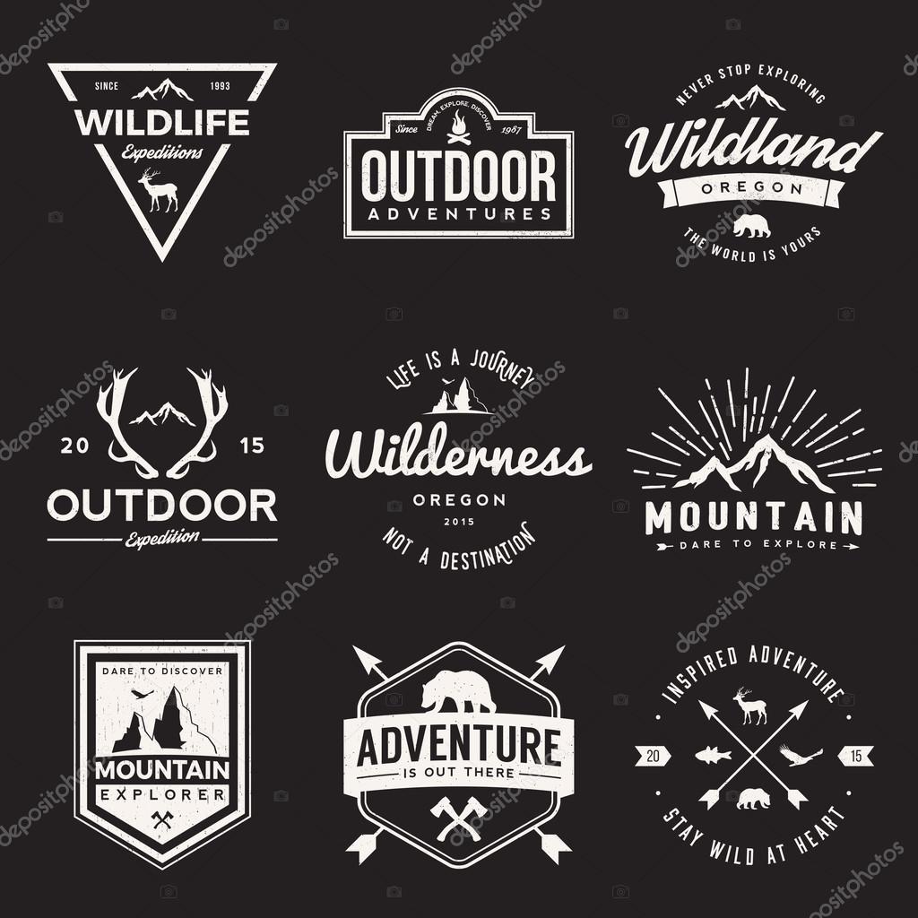Vector set of wilderness and nature exploration vintage  logos, emblems, silhouettes and design elements. outdoor activity symbols with grunge textures