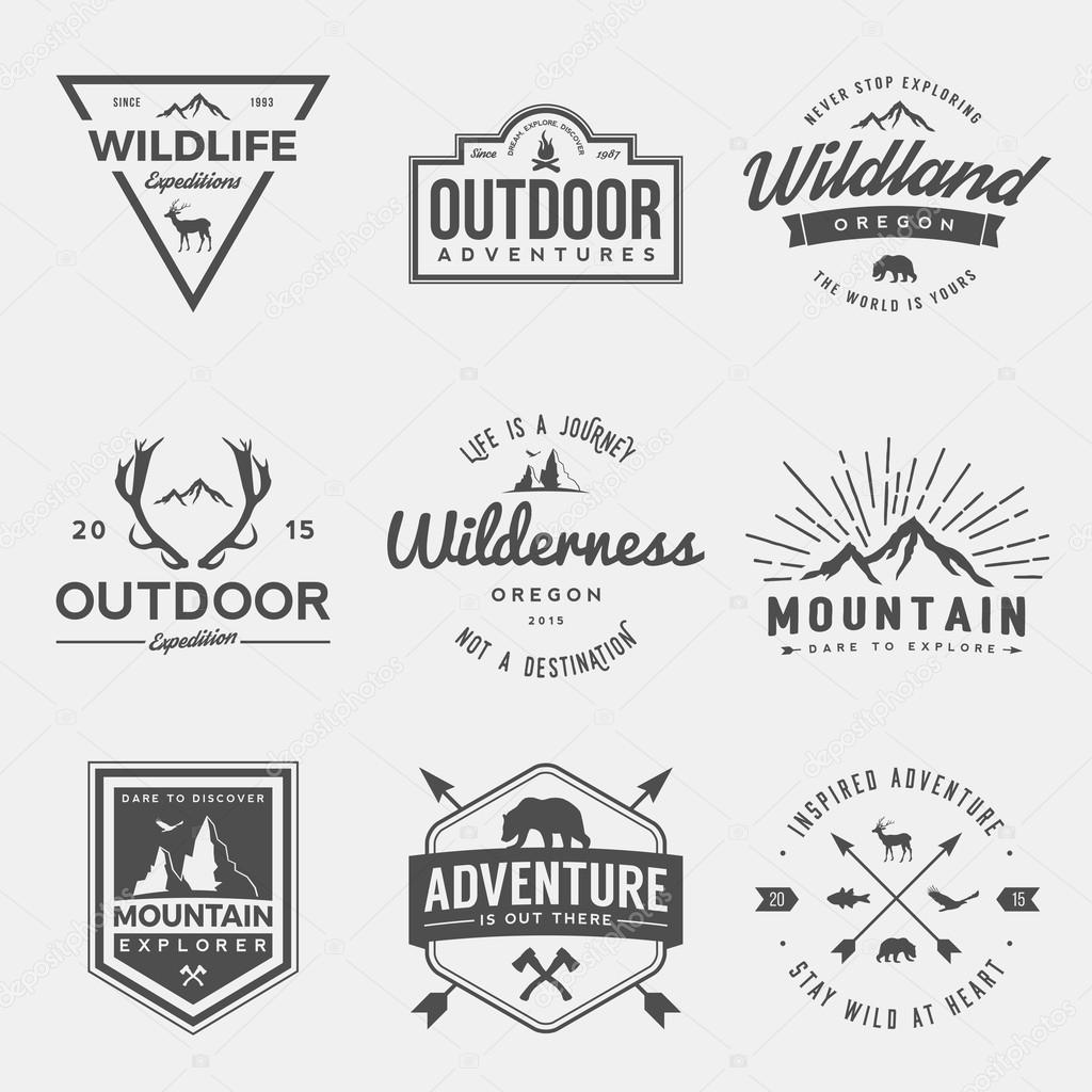 Vector set of wilderness and nature exploration vintage  logos, emblems, silhouettes and design elements