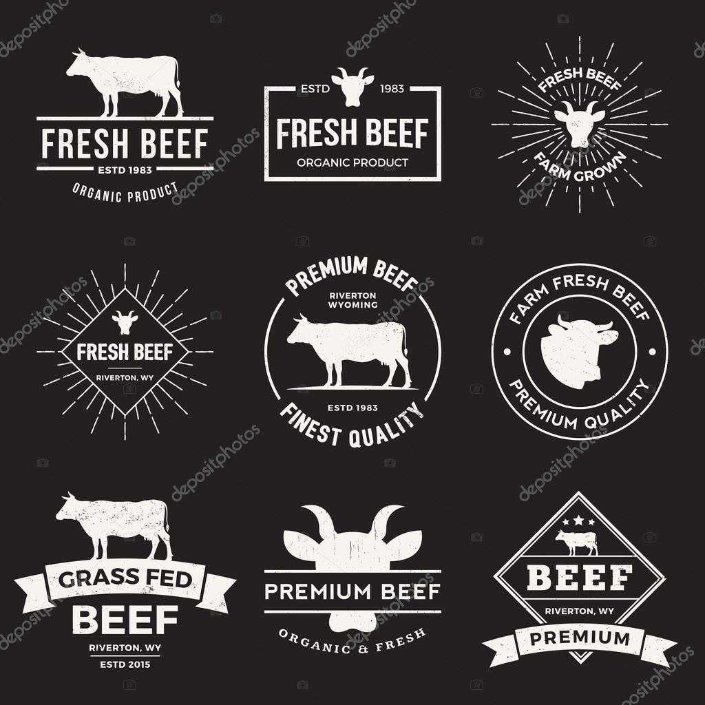 Vector set of premium beef labels, badges and design elements  with grunge textures.