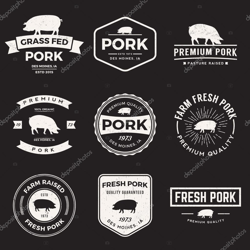 Vector set of premium pork labels, badges and design elements with grunge textures