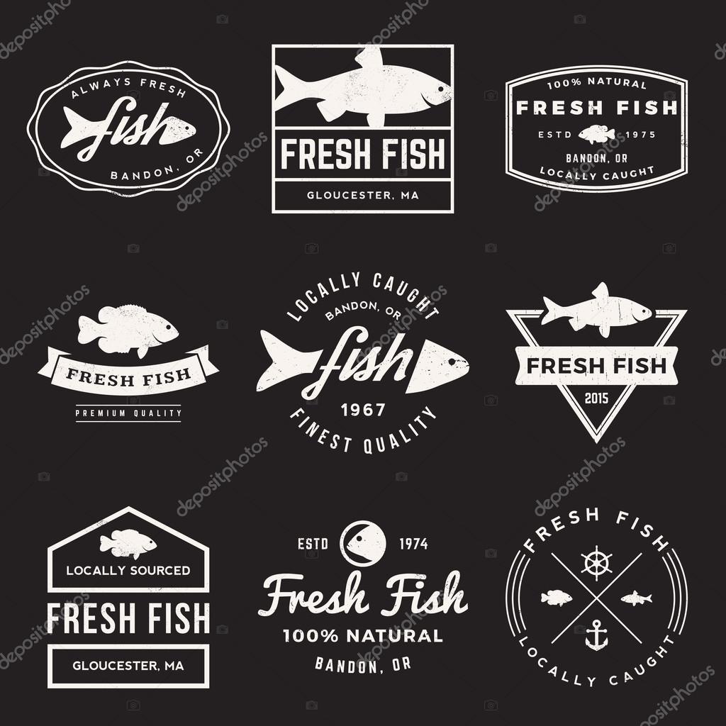 Vector set of fresh fish labels, badges and design elements with grunge texture