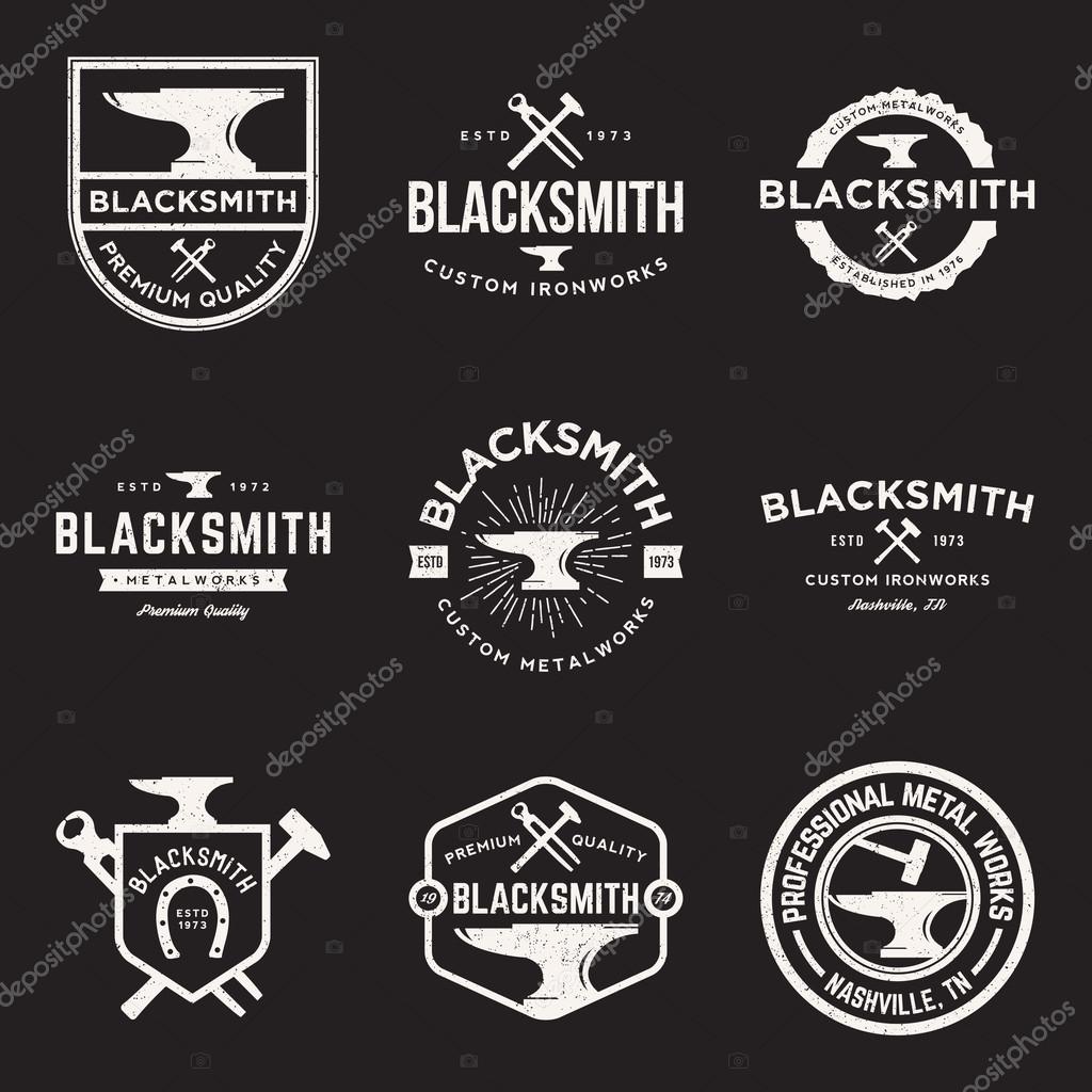 Vector set of blacksmith vintage logos, emblems and design elements with grunge texture
