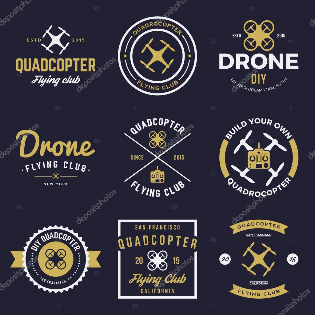 Vector set of drone flying club labels, badges and design elements