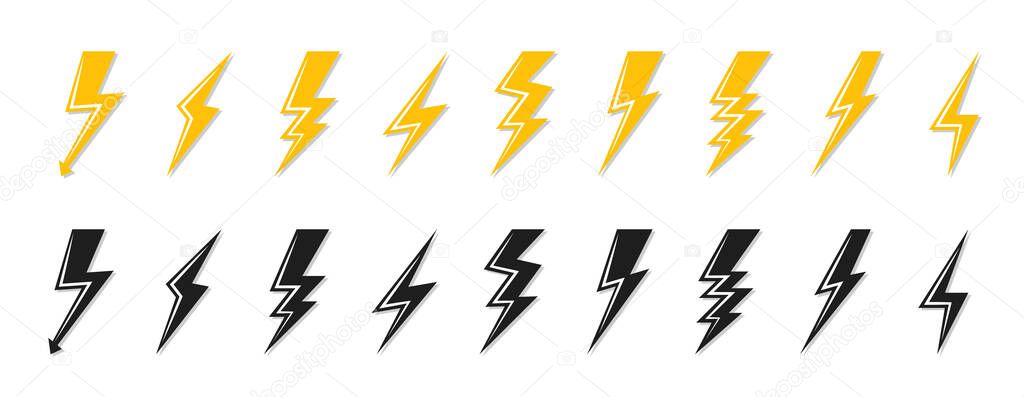 Black lightning bolt icon flash logo vector set