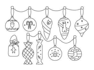 Noel ağacı topu süsleme çizgisi vektörü ayarlandı