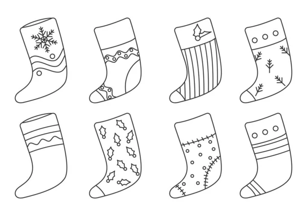 Karácsonyi zokni Mikulás csizma vonal harisnya vektor készlet — Stock Vector