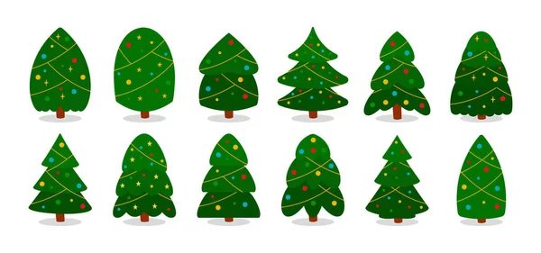 Green Christmas trees flat garland ball vector set — Stock Vector