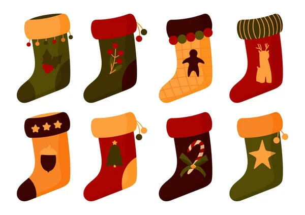 Lapos karácsonyi zokni Mikulás csizma harisnya vektor készlet — Stock Vector