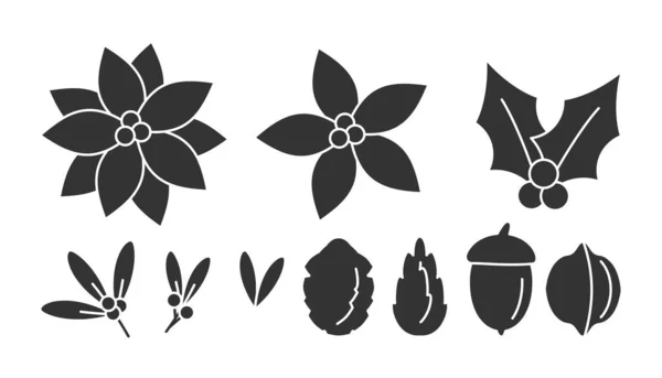 Ensemble vecteur linéaire cône poinsettia fleur de Noël — Image vectorielle