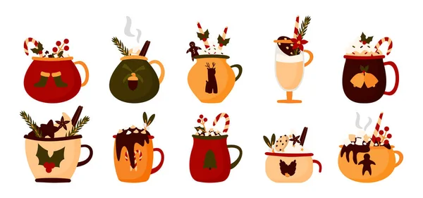 Christmas flat mug cocoa cup warm drink vector set — Stock Vector