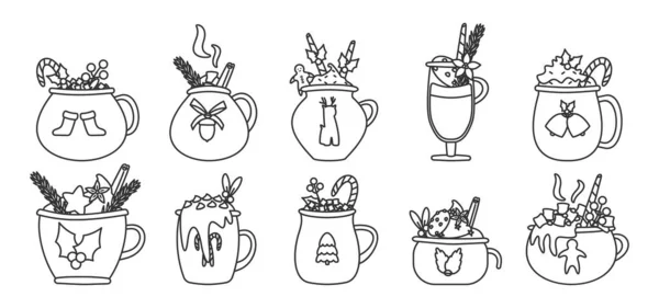 Christmas line mug cocoa cup warm drink vector set — Stock Vector