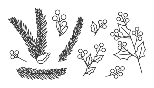 Ligne de pin branche de Noël feuilles de baies ensemble vecteur — Image vectorielle