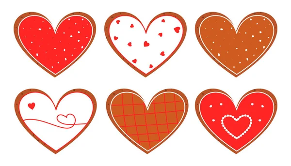 Valentijnsdag gember hart koekjes platte vector set — Stockvector