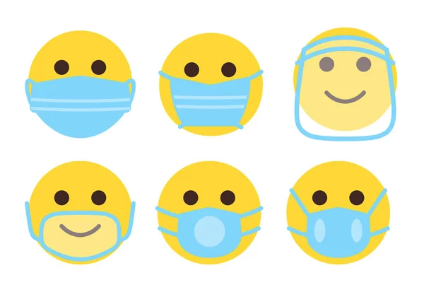 Cara emoji en máscara médica icono covid vector conjunto — Vector de stock
