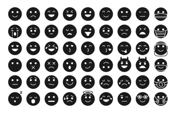 Чорний гліф емодзі обличчя значок посмішка векторний набір — стоковий вектор