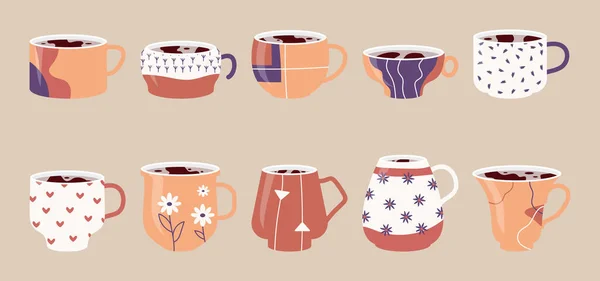 Ceramic cup hot tea coffee art ornament set vector — Stock Vector