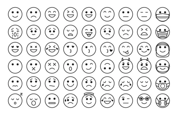 Negro contorno emoji cara icono sonrisa triste vector conjunto — Vector de stock