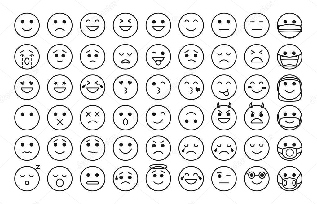 Black outline emoji face icon smile sad vector set