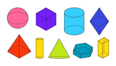 Düz renkli hacimli geometrik şekil kümesi vektörü