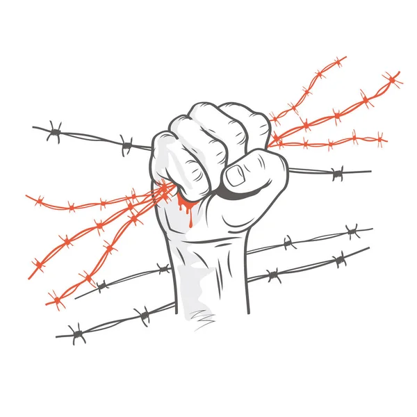 带刺的铁丝紧紧抓住拳头 关于独裁和大屠杀主题的说明 控制台营抵抗和革命的象征概念 — 图库矢量图片
