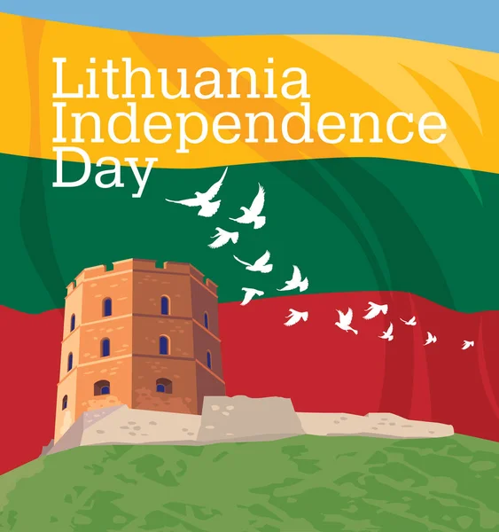 Věž Gediminas Pozadí Státní Vlajky Litvy Šťastný Den Nezávislosti — Stockový vektor