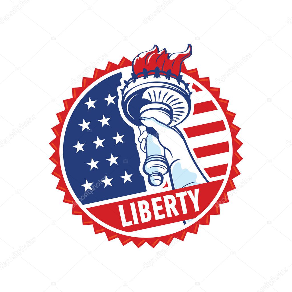 Round label with a hand holding a torch of the flame of liberty on the background of the American flag.