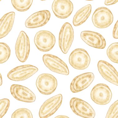 Suluboya Koreli Ginseng Kök Kesme deseni. Dilimlenmiş ginseng kökleri içeren kusursuz suluboya deseni. Denge, şifa ve ruhsal enerji sembolü, bitkisel ürün etiketleri, ay ayini çizimleri ve refah tasarım koleksiyonları için ideal.