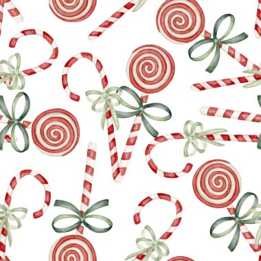 Suluboya Şeker Çubukları ve Nane Şekeri Şekerlemeleri. Kırmızı ve beyaz baston şekerli suluboya desenler ve nane şekeri lolipopları, paketleme, çocuk resimleri için neşeli Noel tasarımları.