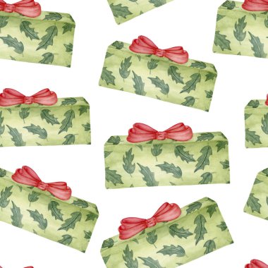Kırmızı Fiyonklu Yeşil Holly hediye kutusu kusursuz desenli. Geleneksel Noel aralıksız deseninde kutsal yaprak kağıdına sarılmış ve kırmızı fiyonklarla bağlanmış yeşil hediyeler var. Şenlikli hediye paketi, tatil kartları, mevsimlik el sanatları ve metin için mükemmel.
