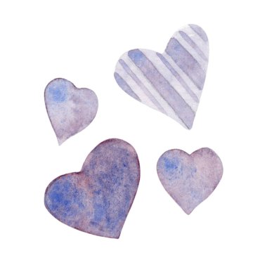 Suluboya Mor Kalpler Seti. Derinliği, duyguyu ve şefkati ifade eden bir dizi mor suluboya kalp. Romantik tasarımlar, kişisel aşk projeleri, sağlıklı marka kullanımı ve Sevgililer Günü görselleri için uygun.