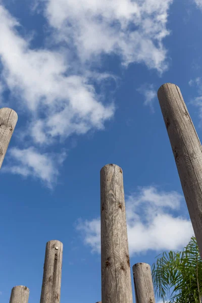 Grouped Wooden Logs Seen Blue Sky White Clouds Background — Stock Photo, Image