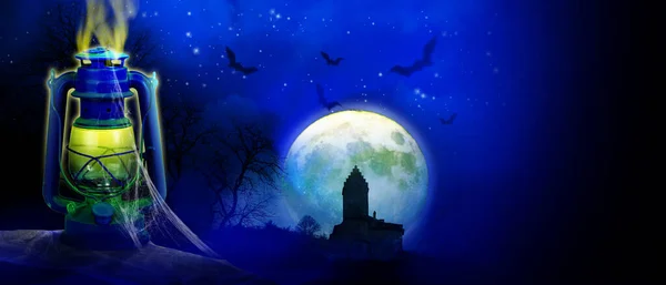 Fondo Halloween Con Cementerio Una Noche Espeluznante —  Fotos de Stock