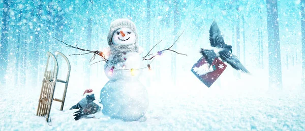 Happy Snowman Standing Winter Christmas Landscape — Stock Photo, Image