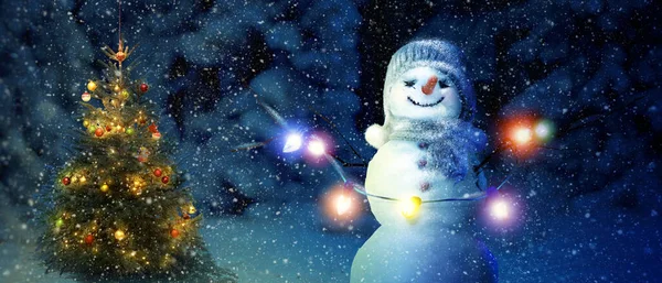 Boneco Neve Feliz Inverno Paisagem Natal — Fotografia de Stock