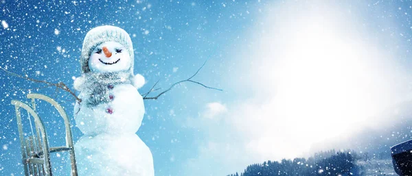 Boneco Neve Feliz Inverno Paisagem Natal — Fotografia de Stock