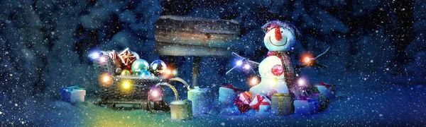 Bonhomme Neige Heureux Debout Dans Paysage Noël Hiver — Photo