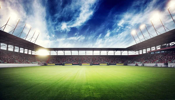 Futbol Stadyumu Parlak Işıklar Saha Manzarası Futbol Konsepti — Stok fotoğraf