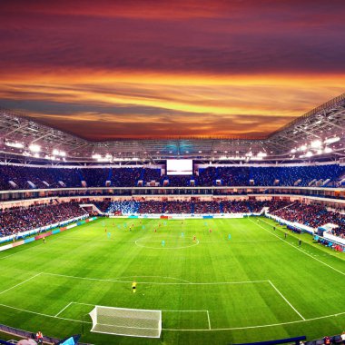 Futbol stadyumu, parlak ışıklar, saha manzarası. Futbol konsepti
