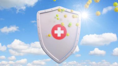 Kalkanlı Covid-19 aşı konsepti. 3B video