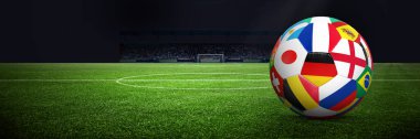 Futbol stadyumu, parlak ışıklar, saha manzarası. Futbol konsepti