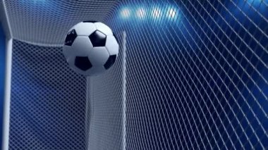Gol ağındaki futbol topu. Futbol konsepti. 3d canlandırma
