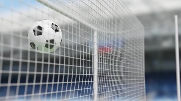 Μπάλα Ποδοσφαίρου Στο Δίχτυ Ενός Γκολ Ιδέα Του Ποδοσφαίρου Κινούμενα — Αρχείο Βίντεο