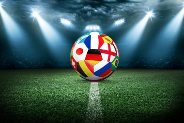 Futbol stadyumu, parlak ışıklar, saha manzarası. Futbol konsepti